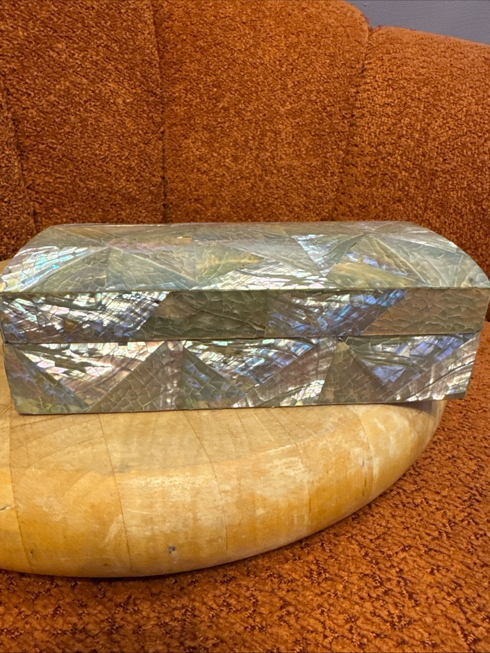 Vintage Iridescent Crackled Abalone Mosaic Humpback Jewelry Box w/tan Interior